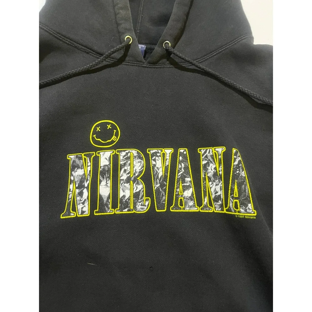 Vintage Nirvana Hoodie Black Graphic Smiley Face Band Sweatshirt 1997 Large